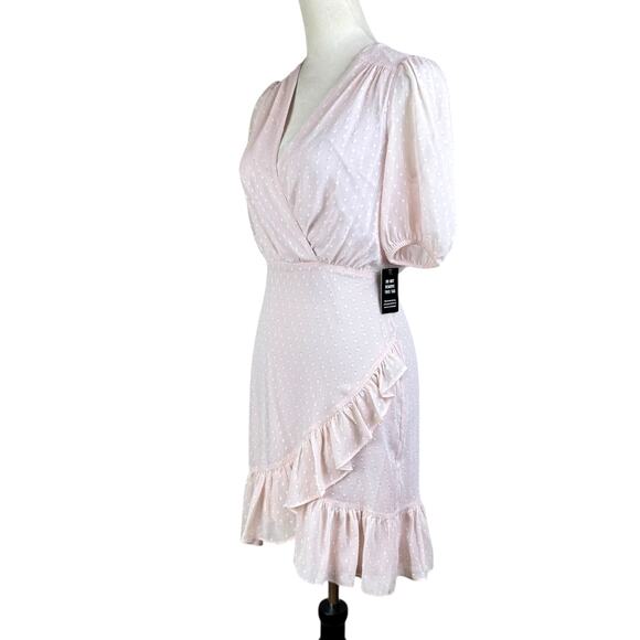 Express NWT Blush Pink Swiss Dot Puff Sleeve Asymmetrical Ruffle Mini Dress - Picture 2 of 12